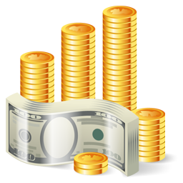 Earning success icon with stacks of coins and bills